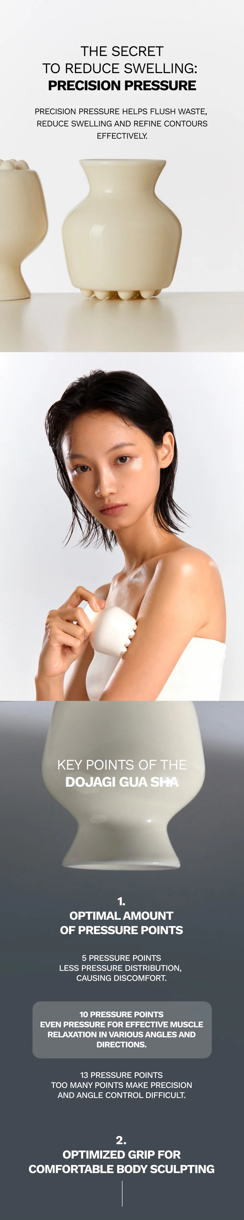 Advertisement for a product with a woman holding a white ceramic gua sha on a white background