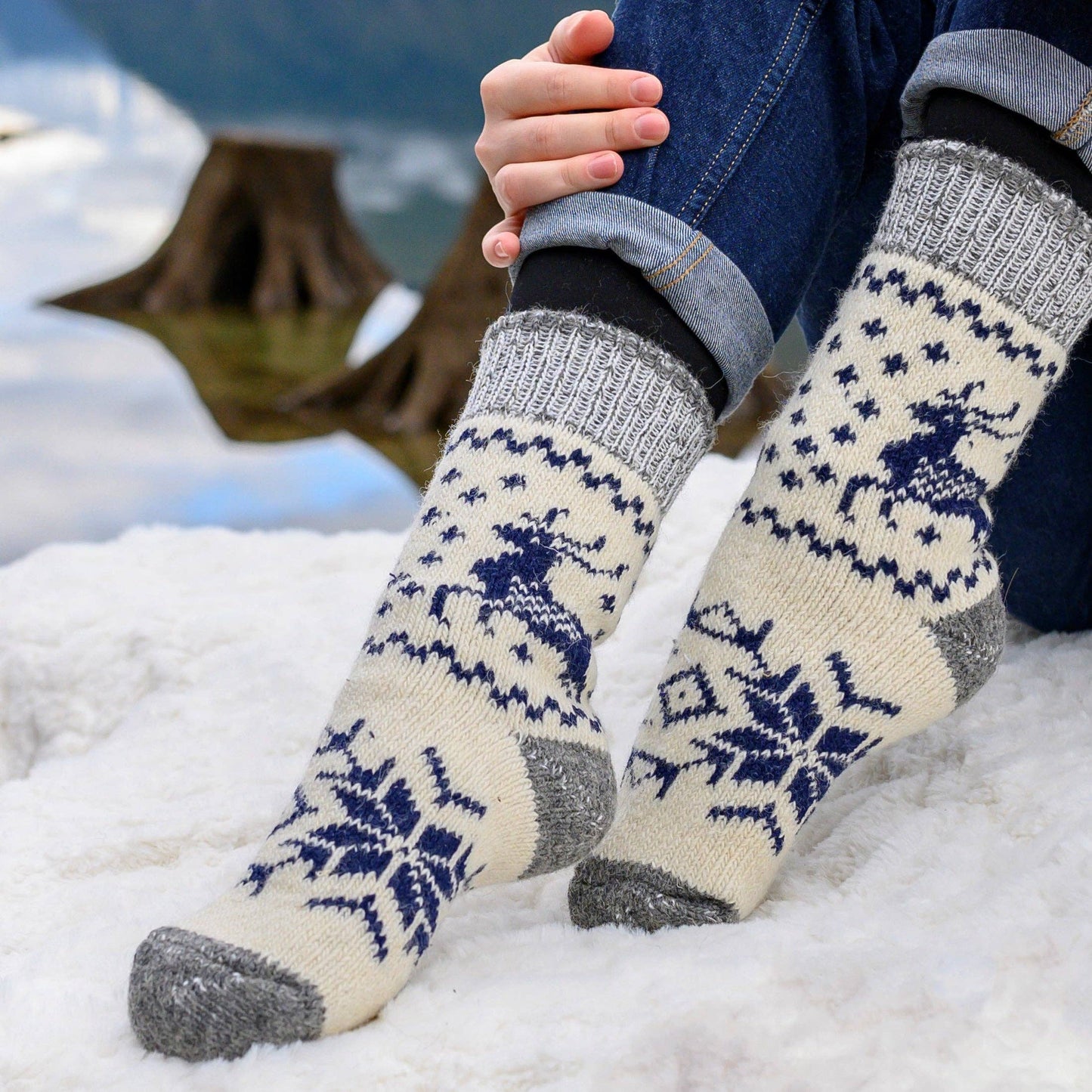 Blanca Reindeer Slouchy Wool Socks – Warm Dry - Foot Wool Socks - Khandava