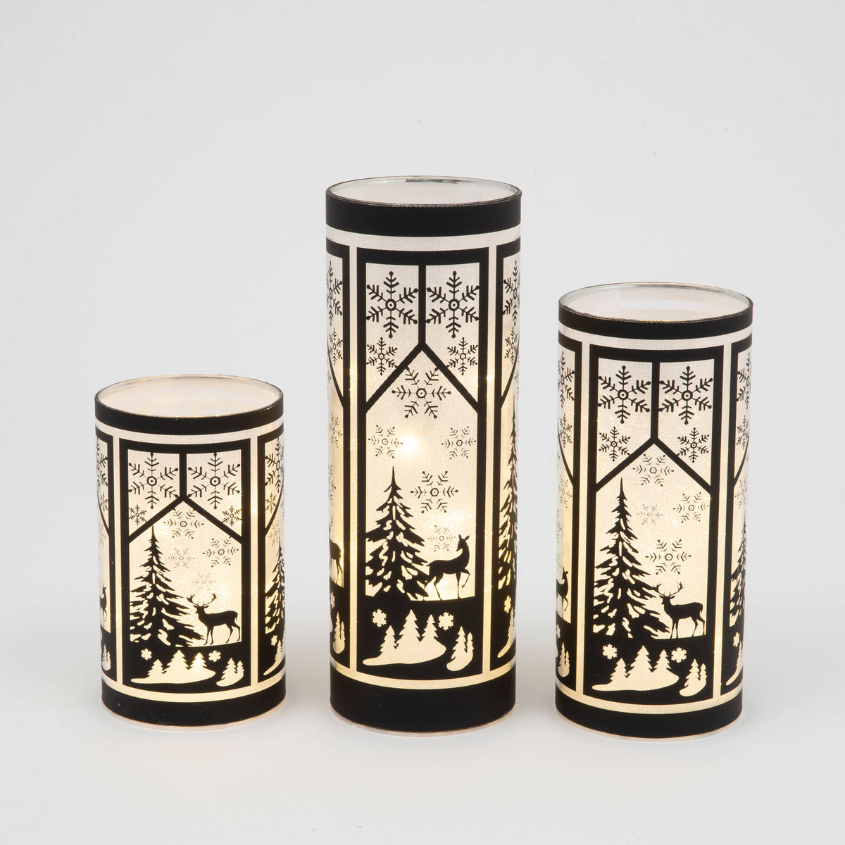 Lighted Glass Winter Scene Luminaries, Set of 3 – Battery-Operated with Timer - Khandava