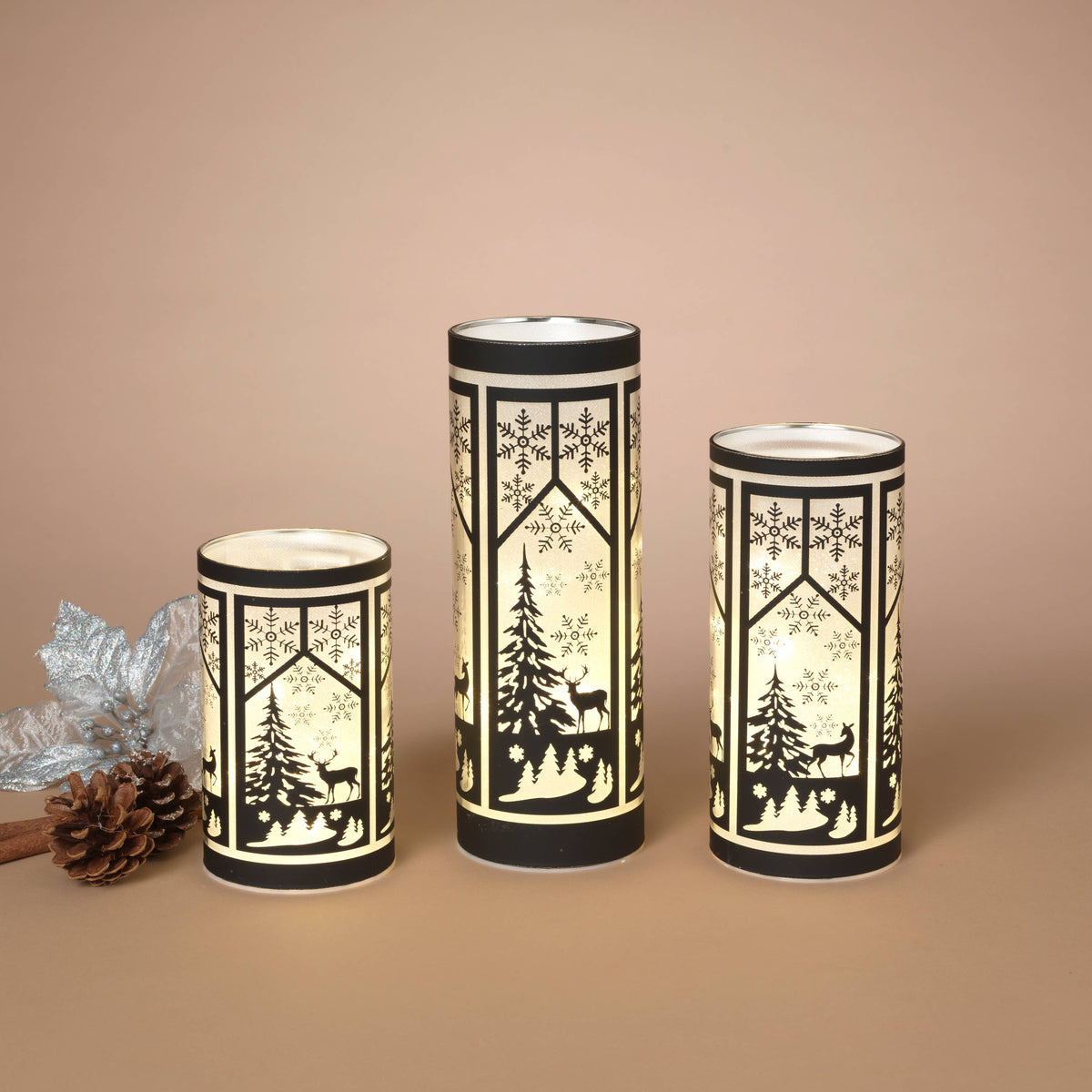 Lighted Glass Winter Scene Luminaries, Set of 3 – Battery-Operated with Timer - Khandava