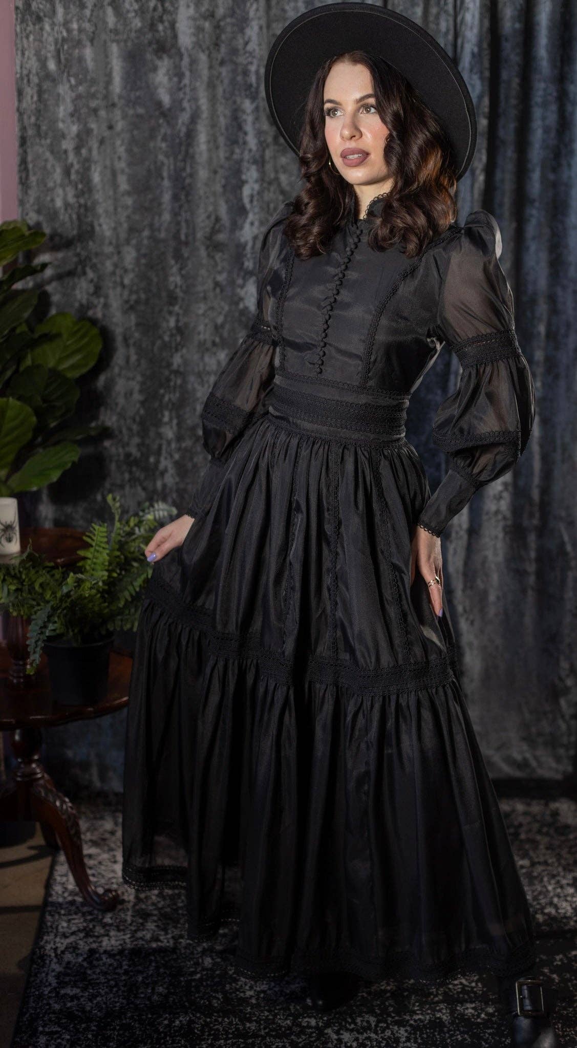 Morgana Victorian Maxi Dress — Black Gothic Formal Dress with Lace & Puff Sleeves - Khandava