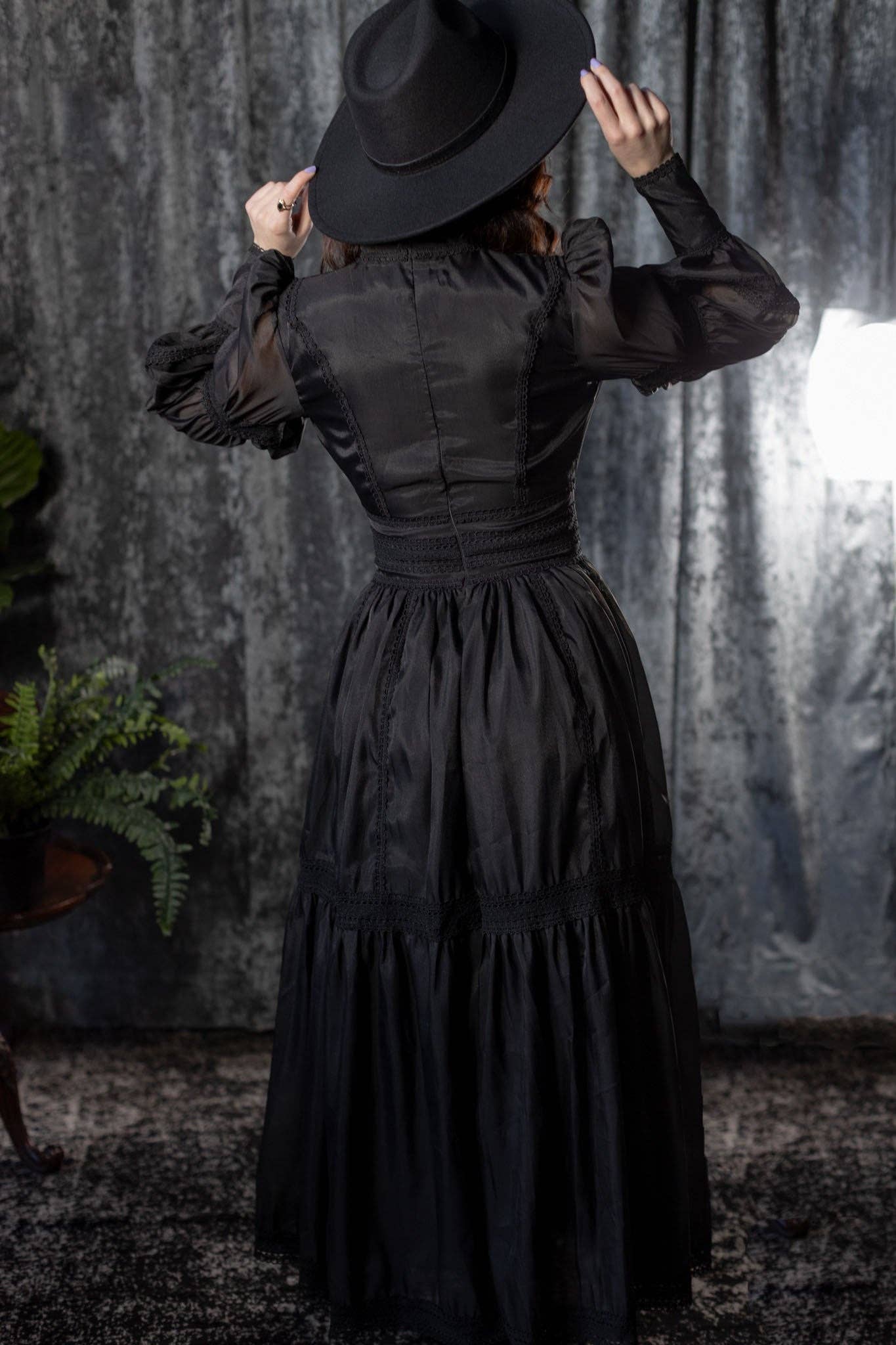 Morgana Victorian Maxi Dress — Black Gothic Formal Dress with Lace & Puff Sleeves - Khandava