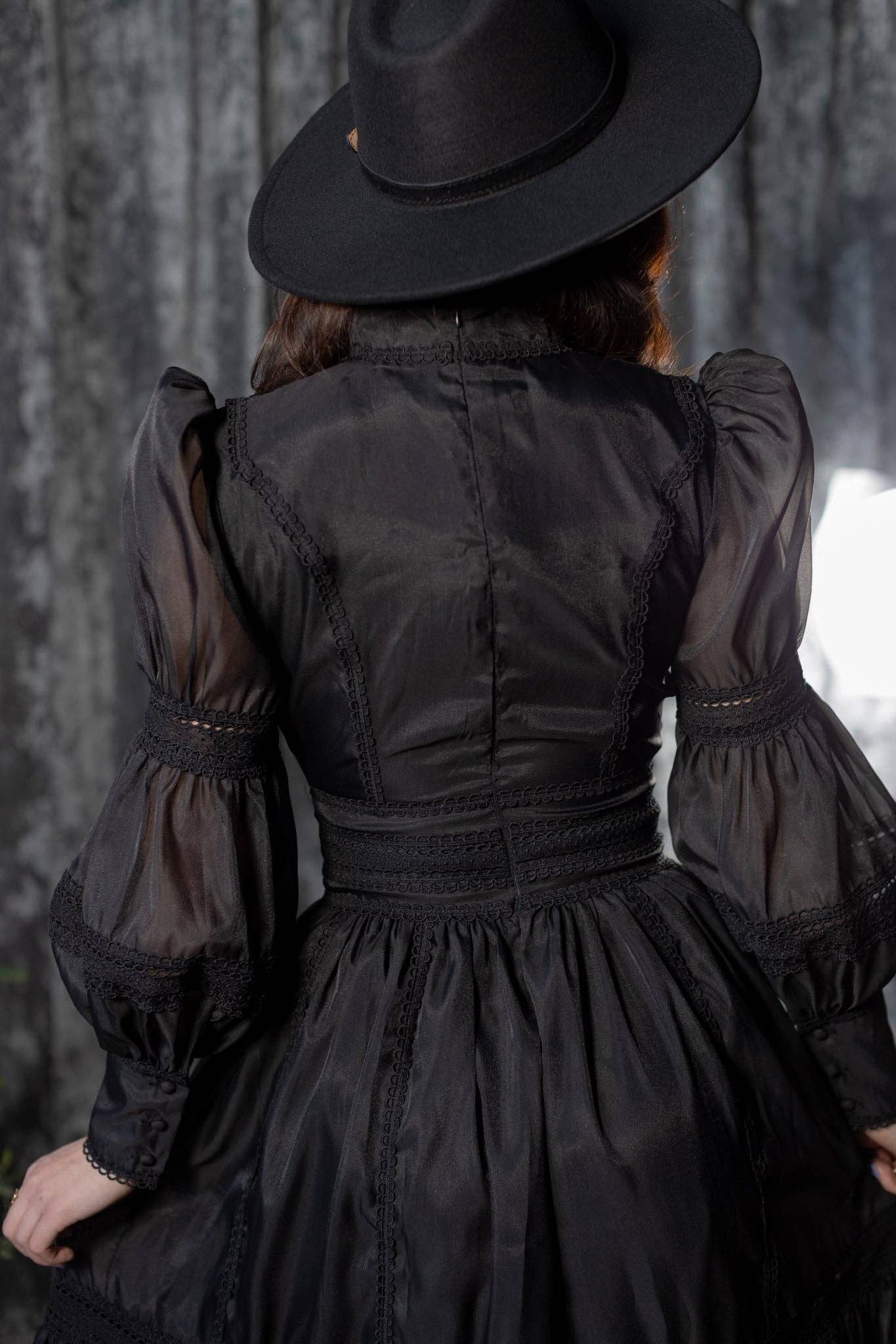 Morgana Victorian Maxi Dress — Black Gothic Formal Dress with Lace & Puff Sleeves - Khandava