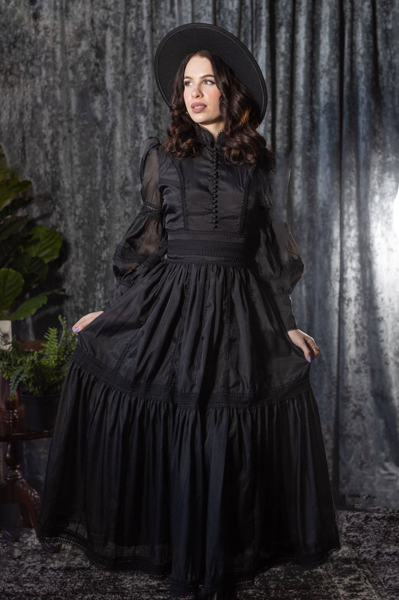 Morgana Victorian Maxi Dress — Black Gothic Formal Dress with Lace & Puff Sleeves - Khandava