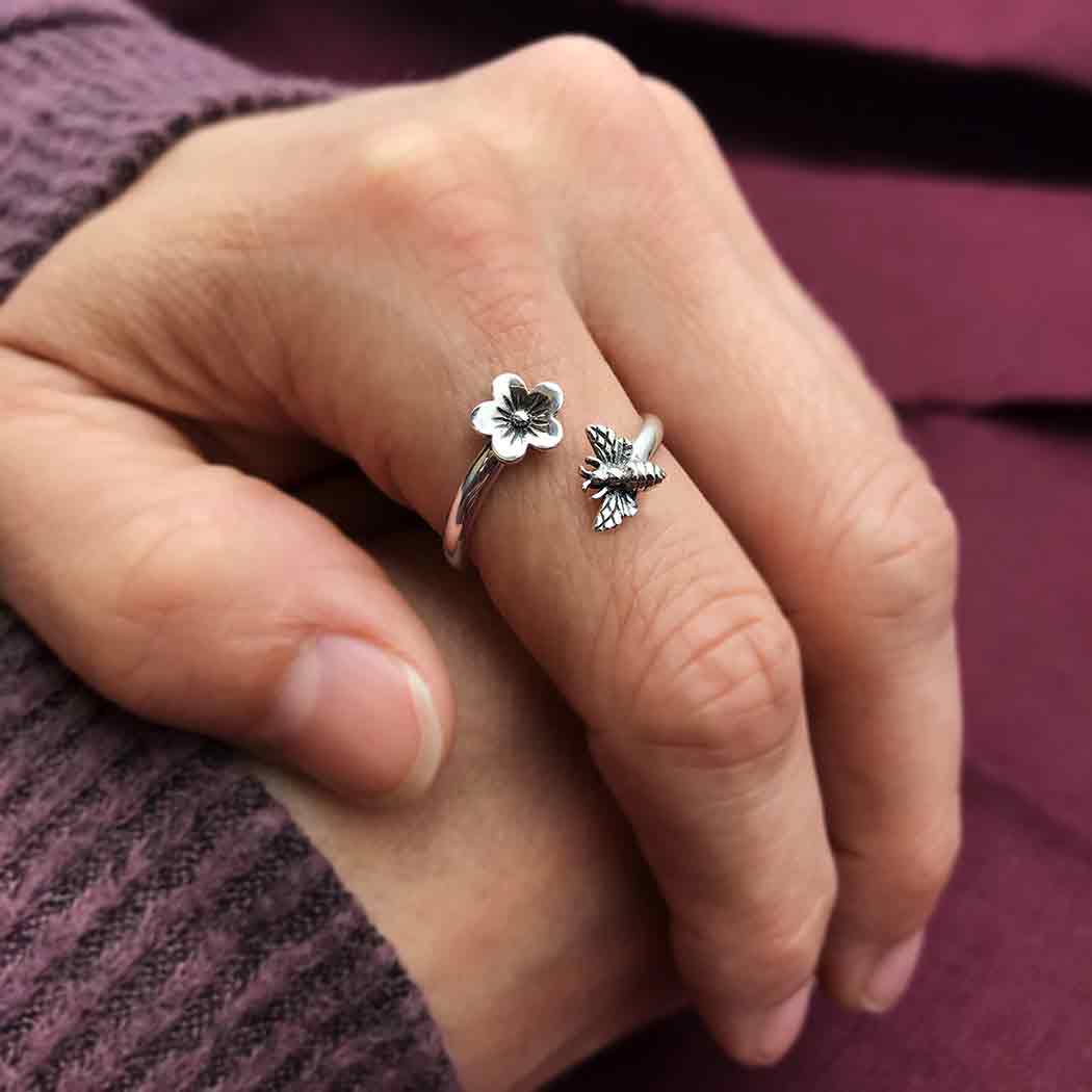 Sterling Silver Bee and Cherry Blossom Adjustable Ring - Khandava