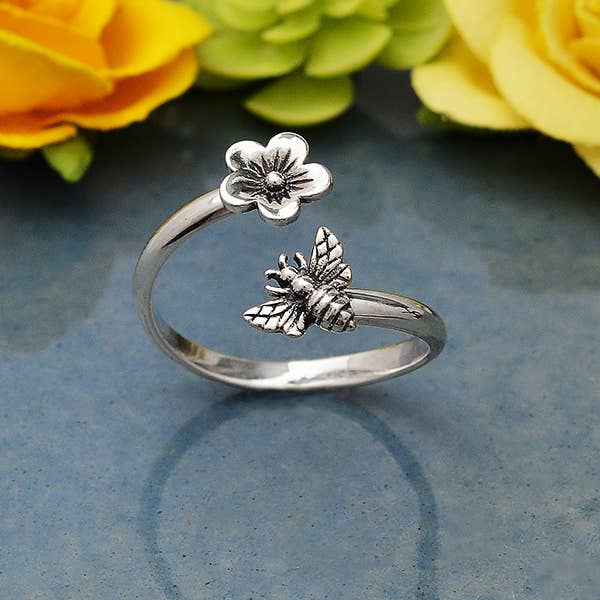 Sterling Silver Bee and Cherry Blossom Adjustable Ring - Khandava