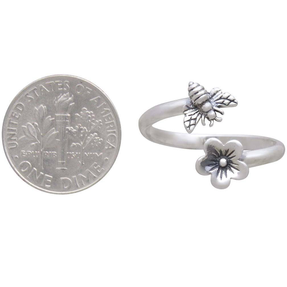 Sterling Silver Bee and Cherry Blossom Adjustable Ring - Khandava