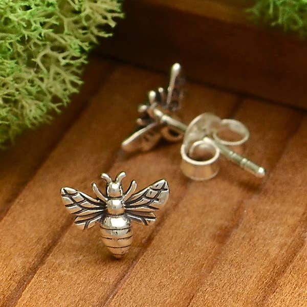 Sterling Silver Tiny Bee Post Earrings - Khandava
