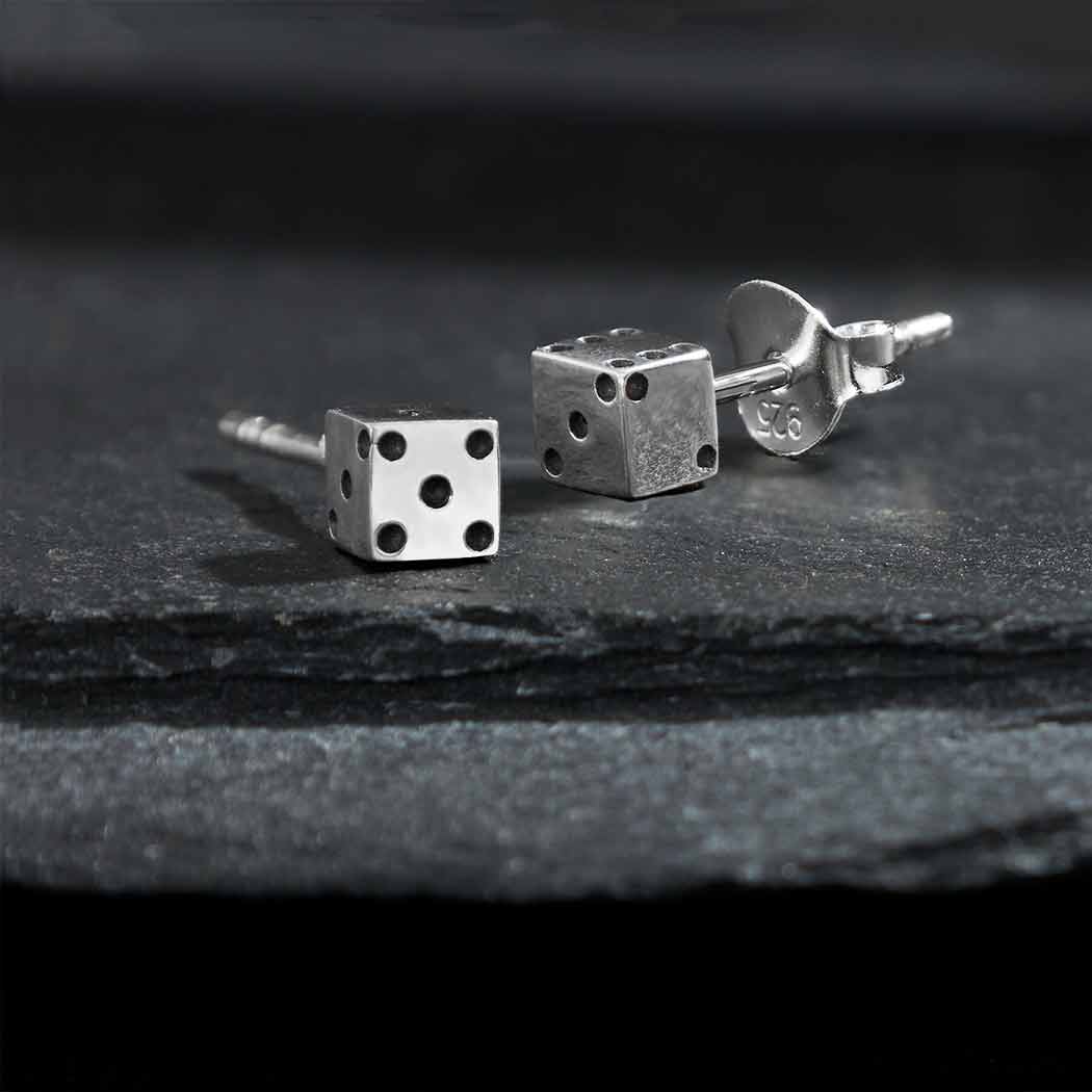 Sterling Silver Tiny Dice Stud Earrings - Khandava
