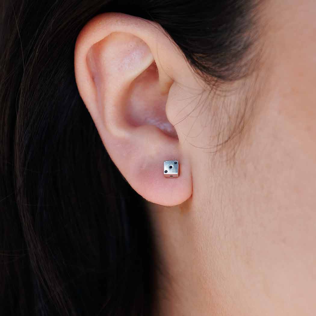 Sterling Silver Tiny Dice Stud Earrings - Khandava
