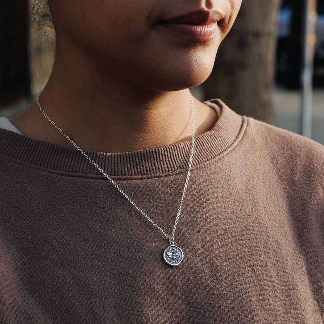 Sterling Silver Wax Seal Bee Necklace 18" - Khandava